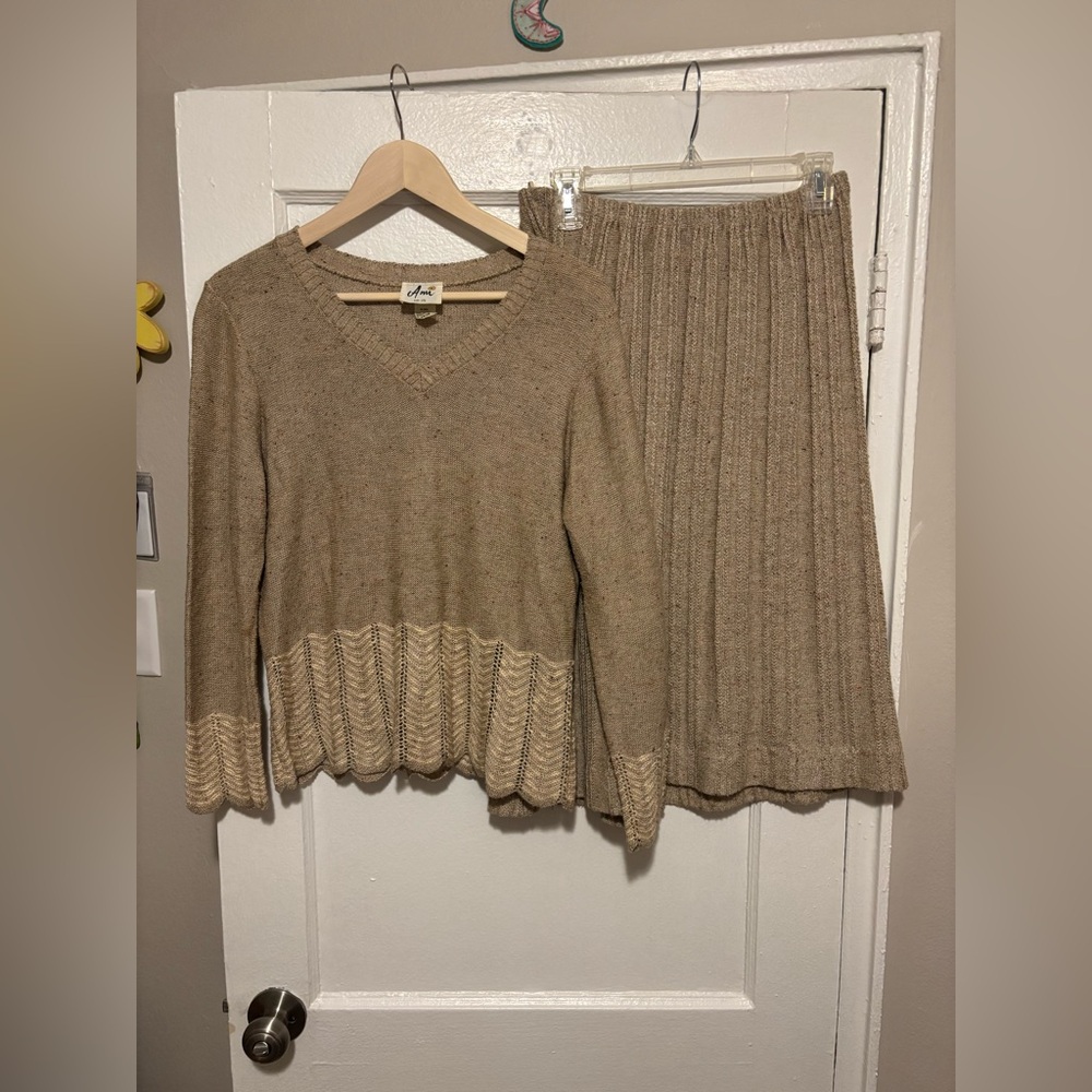 VTG 70s Ami Sweater Skirt Set Midi Knit Boho Cottage Grandma Flax Large Tan